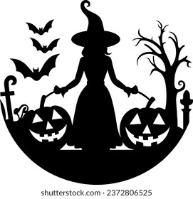 Halloween little witch with big pumpkin and bats icon. Girl kid in Halloween costume. Vector illustration