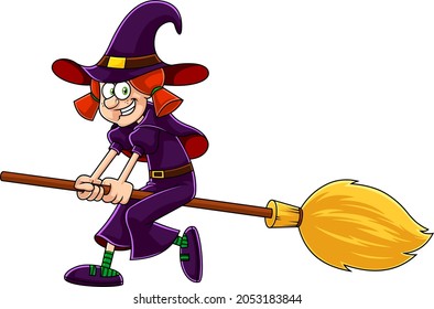 Halloween Little Witch Cartoon Character Ride A Broomstick. Vector Hand Drawn Illustration Isolated On White Background