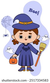 Personagem bruxa pequeno Halloween. Garota em traje de Velma, fantasma, web. Remendo de moda, adesivo, cartão bonito, convite. Estilo Kawaii. Ilustração vetorial para crianças