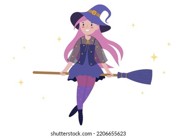 Halloween. Little witch flying on broomstick. 	 Flat vector llustration
