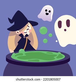 halloween little witch with ghost and pot
