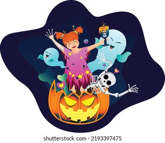Halloween Little Witch With Ghosts Vector Illustration