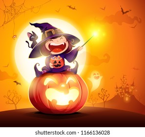 Halloween little witch. Girl kid in Halloween costume sits on a giant pumpkin. Magic wand and candies on hand.