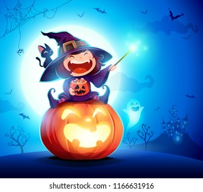 Halloween little witch. Girl kid in Halloween costume sits on a giant pumpkin. Magic wand and candies on hand.