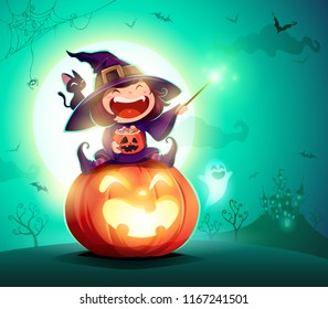 Halloween little witch. Girl kid in Halloween costume sits on a giant pumpkin. Magic wand and candies on hand.