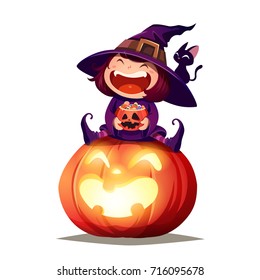 Halloween little witch. Girl kid in Halloween costume sits on a giant pumpkin. Isolated.