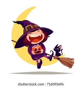 Halloween little witch. Girl kid in Halloween costume sits on the moon. Isolated.