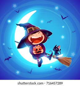 Halloween little witch. Girl kid in halloween costume sits on the moon. Retro vintage. Blue background.