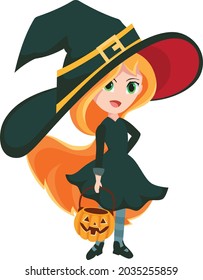 Halloween Little Witch kid Cartoon. Vector illustration