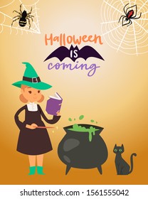 Halloween little witch making magic potion vector illustration. Cartoon girl kid in halloween costume with black cat and magician cauldron on bat and spiders web. Halloween is coming inscripsion.