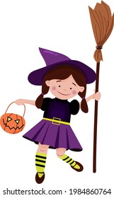 halloween little witch with pumpkin