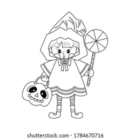Halloween little witch and pumpkin bucket   halloween lollipop candy colorless for coloring page  Cute witch trick treat vector illustration cartoon isolated white background  