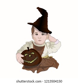 Halloween little witch. Sabrina. baby in a witch hat with a pumpkin. drawing tint vector illustration