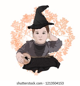 Halloween little witch. Sabrina. baby in witch hat with black spider. drawing tint vector illustration