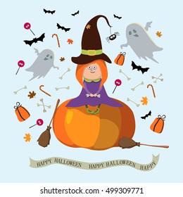 Halloween. Little witch .Vector Illustration.