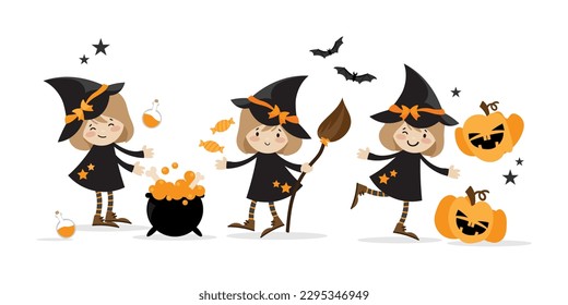 Halloween little witches collection of young witches with broomstick, magic potion pot, candy, flying bats and Halloween pumpkins on white background. Vector illustration.