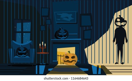 Halloween living room in nights vector illustration  