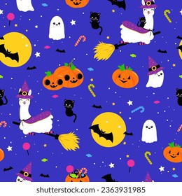 Halloween llama background. Seamless pattern. Vector illustration