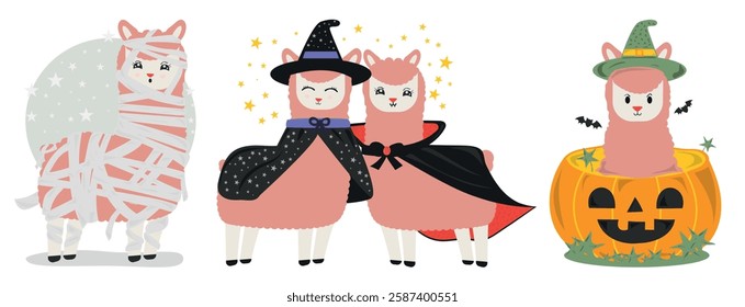 Halloween Llama Clipart. Cute Spooky Graphics for Crafts. Witch And Vampire Llama Illustrations. Fun Halloween Digital Stickers. Halloween Alpaca Clipart. Cute Spooky Animals for Stickers