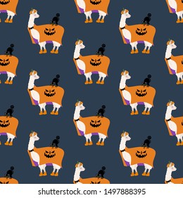 Halloween llama in pumpkin costume seamless pattern on the blue background. Vector illustration