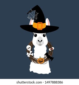 Halloween llama witch illustration on the blue background. Vector illustration