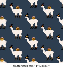 Halloween llama witch seamless pattern on the blue background. Vector illustration
