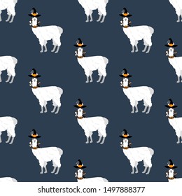 Halloween llama witch seamless pattern on the blue background. Vector illustration