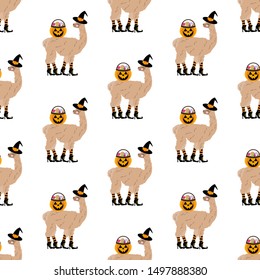 Halloween llama witch seamless pattern on the white background. Vector illustration
