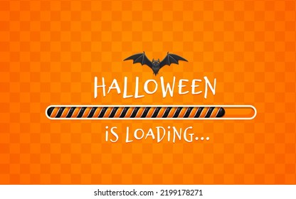 barra de carga de Halloween con murciélago, cuenta de carga de vacaciones en fondo de naranja vectorial. Truco de Halloween o invitación de fiesta o tarjeta de saludo con un patrón naranja para el fondo de la celebración