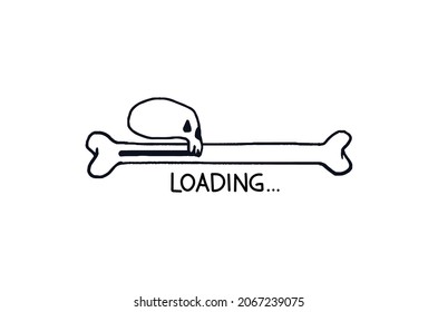 Halloween loading bar. Doodle progress bar bone with skull. Vector stock illustration black on white sketch with signature download