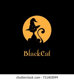 Halloween Logo. Black Cat, Witch Hat and Orange Moon. 