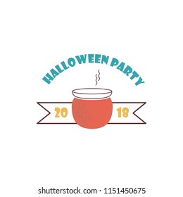 Halloween logo with cauldron icon in flat line style. Vector illustration