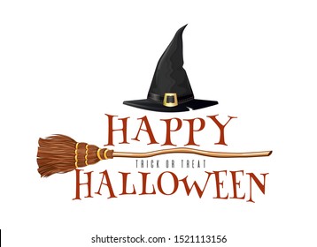 Halloween logo design with witches broom and triangular witch hat isolated on white. Vector illustration