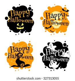 Halloween logo with ghosts, bats, witch's hat and a spider web. Happy Halloween cards. Vector clip-art illustration. 