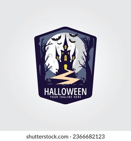 halloween logo icon design inspiration with bat, tree, road, moon and castle vector illustration