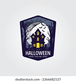 halloween logo icon design inspiration with bat, tree, grave, castle, moon and spider web castle vector illustration