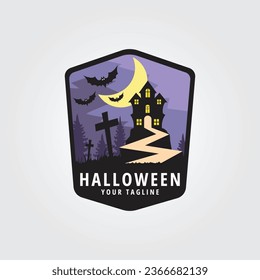 halloween logo icon design inspiration with bat, grave, road, moon and castle vector illustration