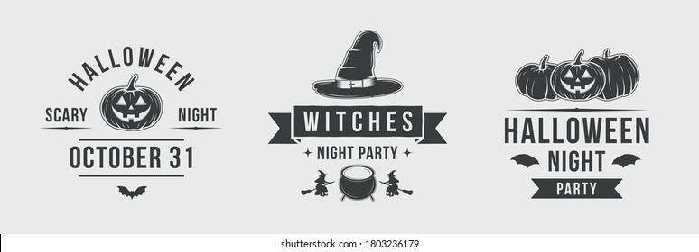 Halloween logo. Logo for halloween with icon pumpkin, cauldron , witch hat. Vintage typography. Prints for t-shirt. Graphic logo template for Halloween party. Illustration