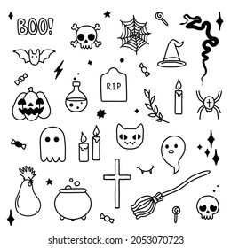 Halloween logo icon sign Gravestone pumpkin spider web skull symbol Boo emblem Hand drawn decorative set Cartoon children's style Fashion print clothes apparel greeting invitation card cover flyer ad