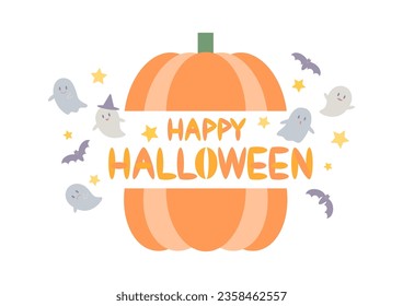 Halloween logo illustration. Ghosts and bats popping out of pumpkins. Vector illustration.  White background. 