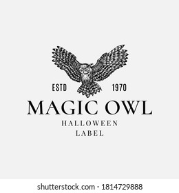 Halloween Logo or Label Template. Hand Drawn Evil Flying Owl Bird Sketch Symbol and Retro Typography. Isolated.