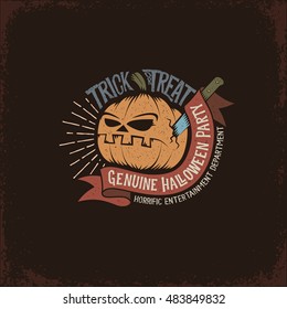 Halloween logo on a dark background with a pumpkin stuck a knife, ribbon and inscription "trick or treat". Vector vintage illustration.