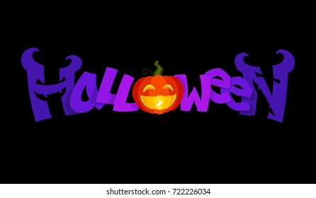 Halloween logo. Orange smiley of a carved pumpkin and purple humanized letters with horns and fangs on a black background. Jack-o-lantern and font monsters for All Hallows festival or Zombie party.