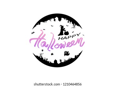 Halloween, logo, poster banner vector, holiday calligraphy letter, bats, cat, witch, zombie, graveyard and pumpkins, greeting card, party invitation silhouette creative isolated on white background
