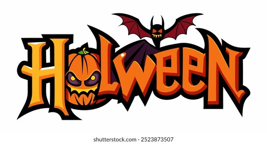 Logotipo de Halloween con diseño de calabaza y murciélago. Colorido Halloween con una calabaza y un murciélago espeluznantes, perfecto para decoraciones festivas y temas de fiesta.