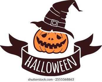 Logotipo de Halloween com abóbora e fita preta. Rótulo assustador