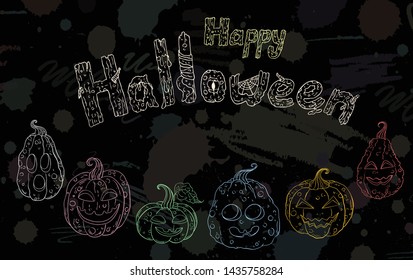 Halloween logo and pumpkins background. Chalk style creative Halloween text. Monster liters, many types jack lantern, hand drawn pumpkins. Cartoon style illustration. Color jack head pumpkin icons.