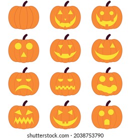 Halloween logo set of pumpkin. Stiсker pack of 4 jack o lanterns. Eps 10 vector halloween logo. Colorful pumpkin icons for your cards, illustrations, projects, invitations. 