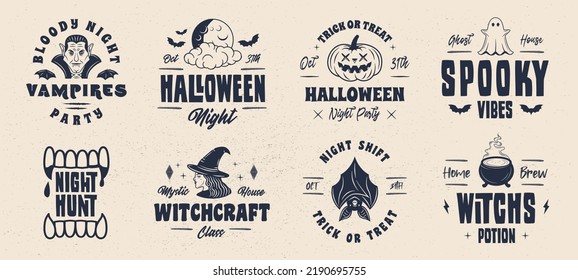 Halloween logo set. Spooky, scary emblems. Halloween design. Retro prints for T-shirt, typography. Vector illustration