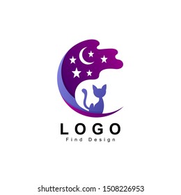 halloween logo, silhouette cat and sky night, moon, star design and template